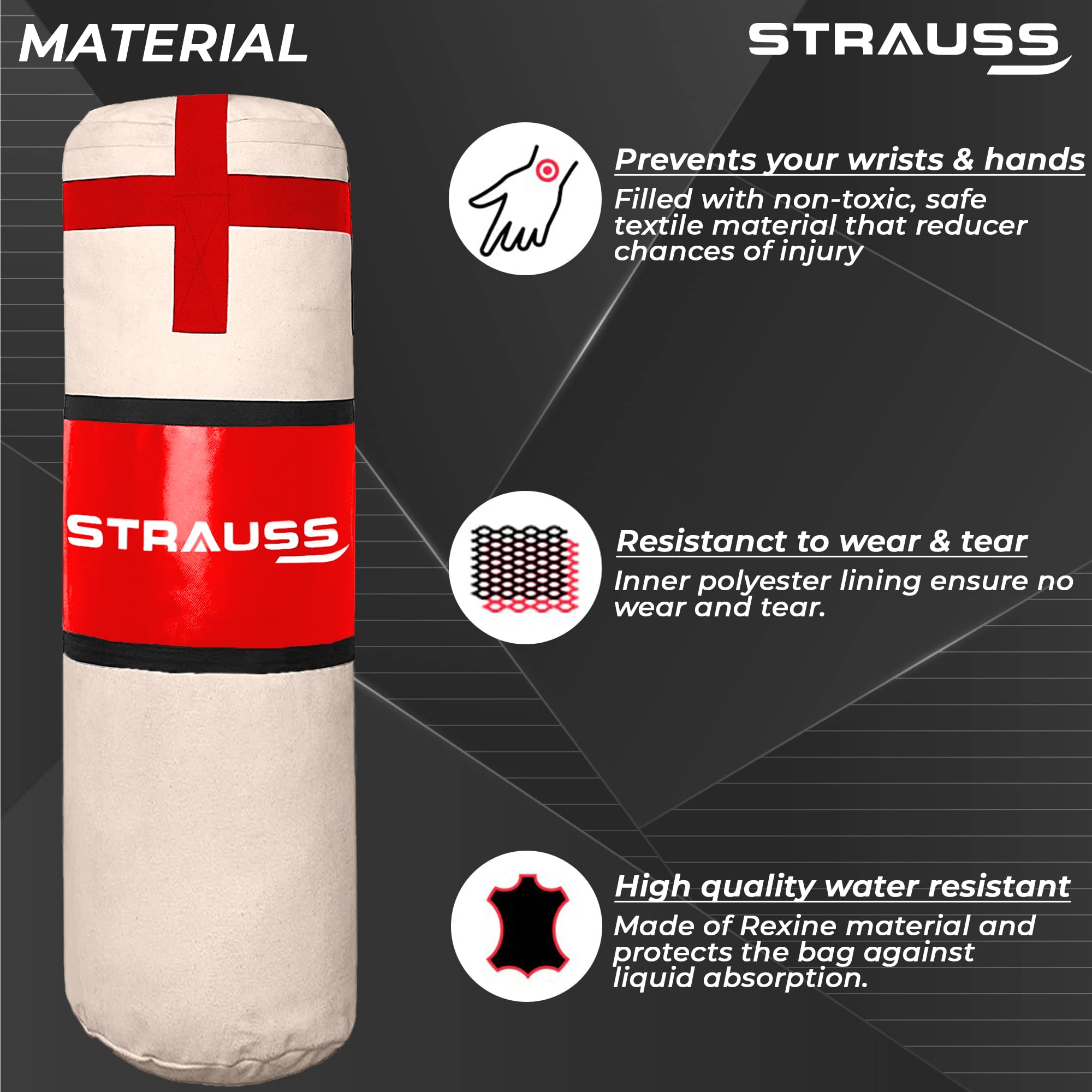Strauss Canvas Heavy Duty Filled Gym Punching Bag | Comes with Hanging S Hook, Zippered Top Head Closure & Heavy Straps | 4 Feet, (Cream/Red)