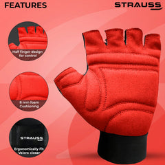 STRAUSS Suede Gym Gloves for Weightlifting, Training, Cycling, Exercise & Gym | Half Finger Design, 8mm Foam Cushioning, Anti-Slip & Breathable Lycra Material, (Red/Black), (Small)