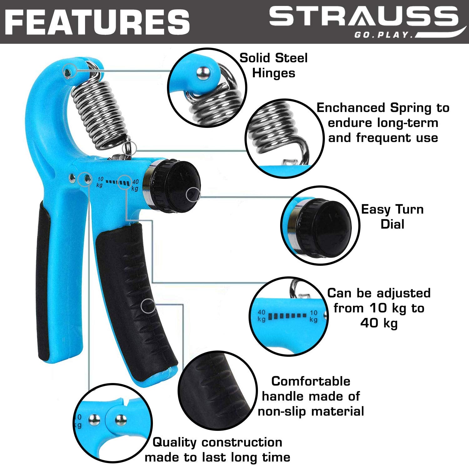 Strauss Adjustable Hand Grip Strengthener, (Black/Blue) and Wrist Exerciser, Black