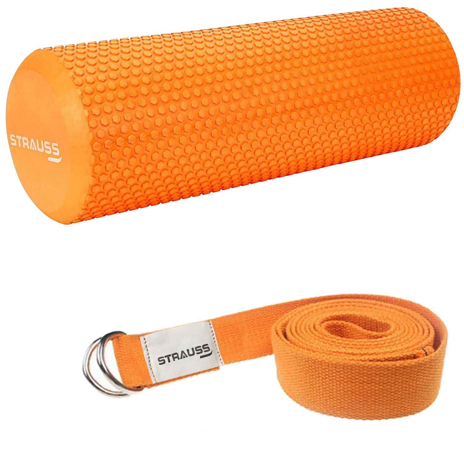 Strauss Foam Roller (Orange), 30 cm and Yoga Belt, 6 Feet (Orange)