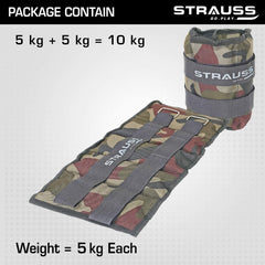 Strauss Adjustable Ankle/Wrist Weights 5 KG X 2 | Ideal for Walking, Running, Jogging, Cycling, Gym, Workout & Strength Training | Easy to Use on Ankle, Wrist, Leg, (Camouflage)