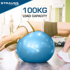 STRAUSS Anti-Burst Rubber Gym Ball with Free Foot Pump | Round Shape Swiss Ball for Exercise, Workout, Yoga, Pregnancy, Birthing, Balance & Stability, 65 cm, (Blue)