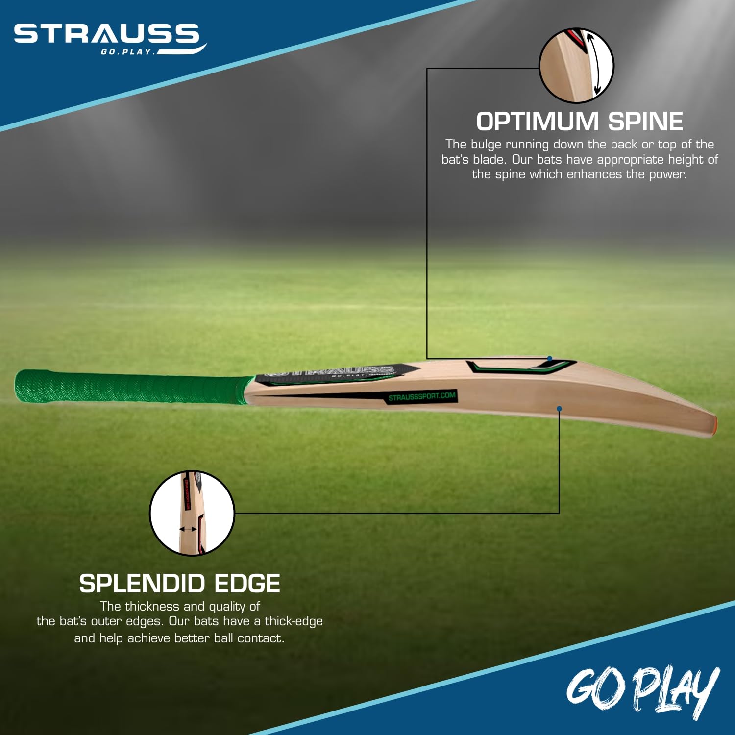 Strauss Slogger Cricket Bat | Kashmir Willow | Cricket Bat with Grip for Gully Cricket & Tournament Match | Standard Tennis Ball Bat for Cricket | Size: 6 (900-1050 Grams)