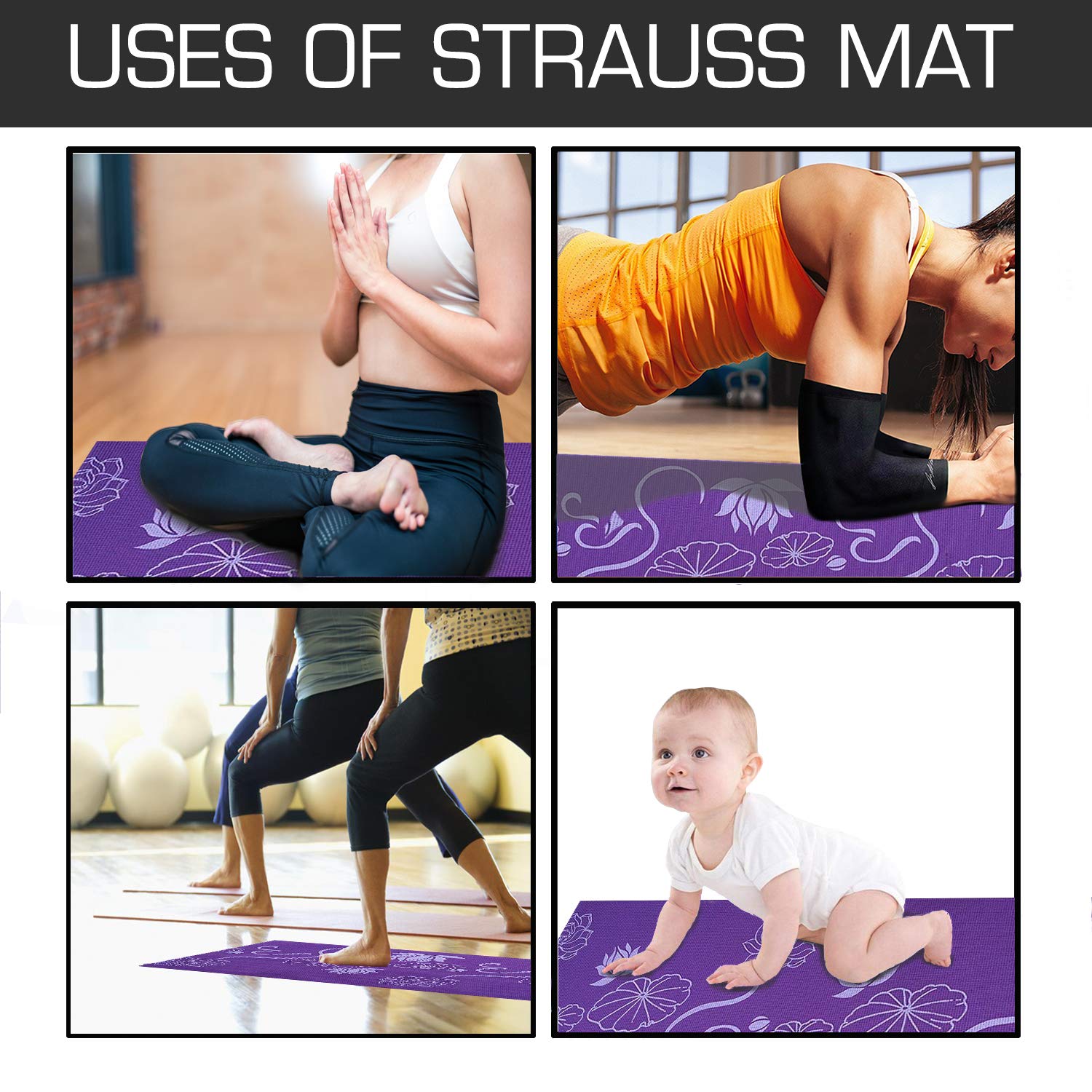 Strauss Yoga Mat, 6mm (Purple Floral) and Yoga Mat Strap, (Purple)