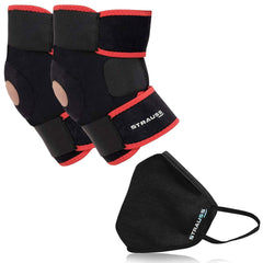 Strauss Adjustable Knee Support Patella, Free Size (Black), Pair With Face Protection Mask, Non Vent, Medium , (Black)