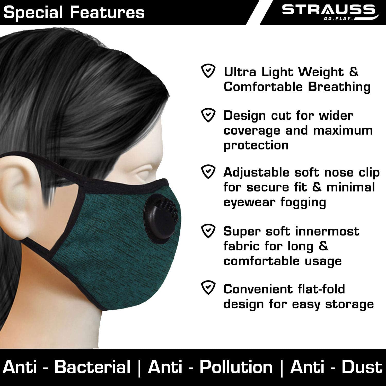 STRAUSS Unisex Anti-Bacterial Protection Mask, Non Vent, Small, (Black)