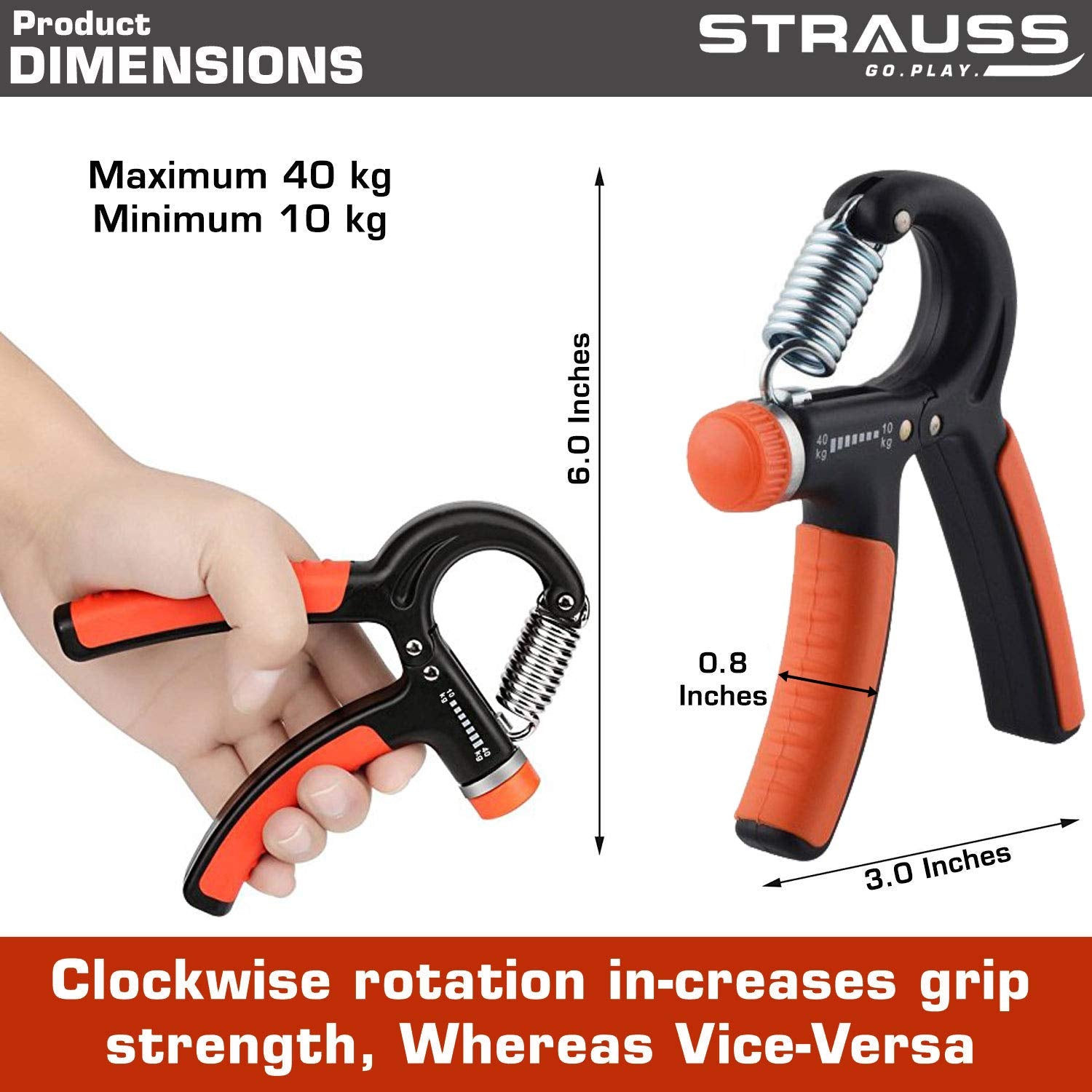 Strauss Adjustable Hand Grip Strengthener, (Black/Orange) with Skipping Rope