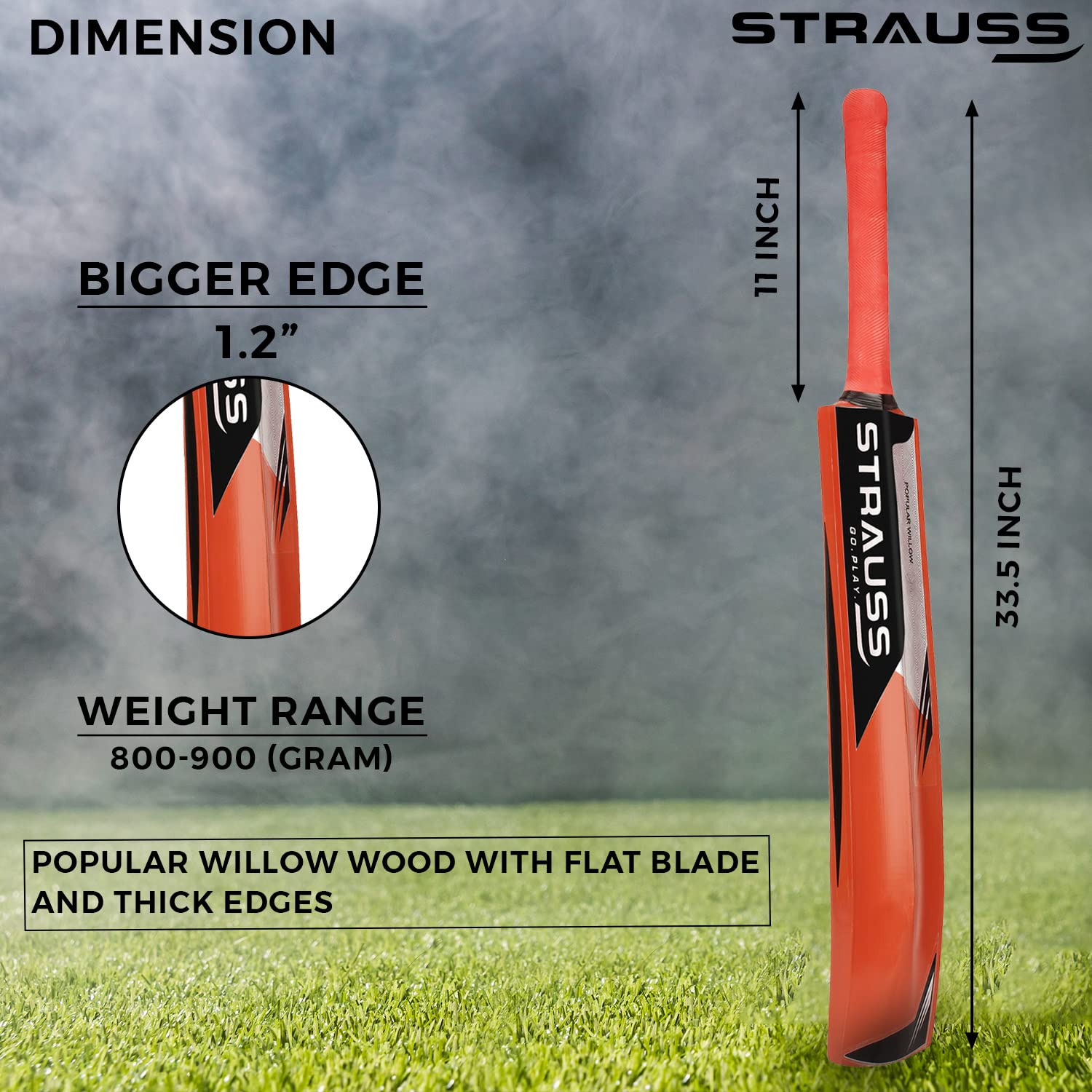Strauss PW-100 Popular Willow Cricket Bat Without Ball, (Grains Tape), Brick