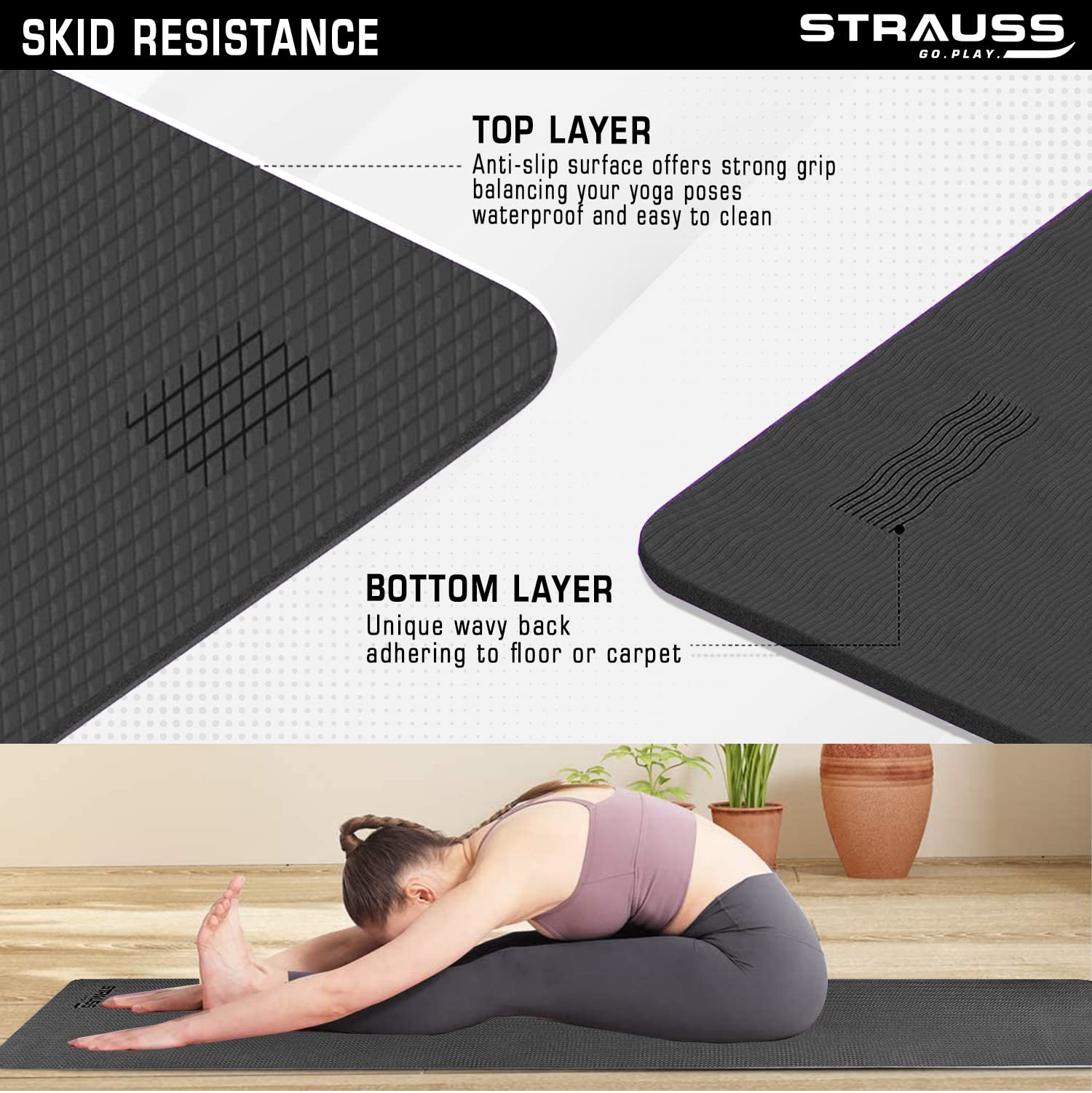 Strauss Anti Skid EVA Yoga Mat with Carry Bag, 8mm, (Black)