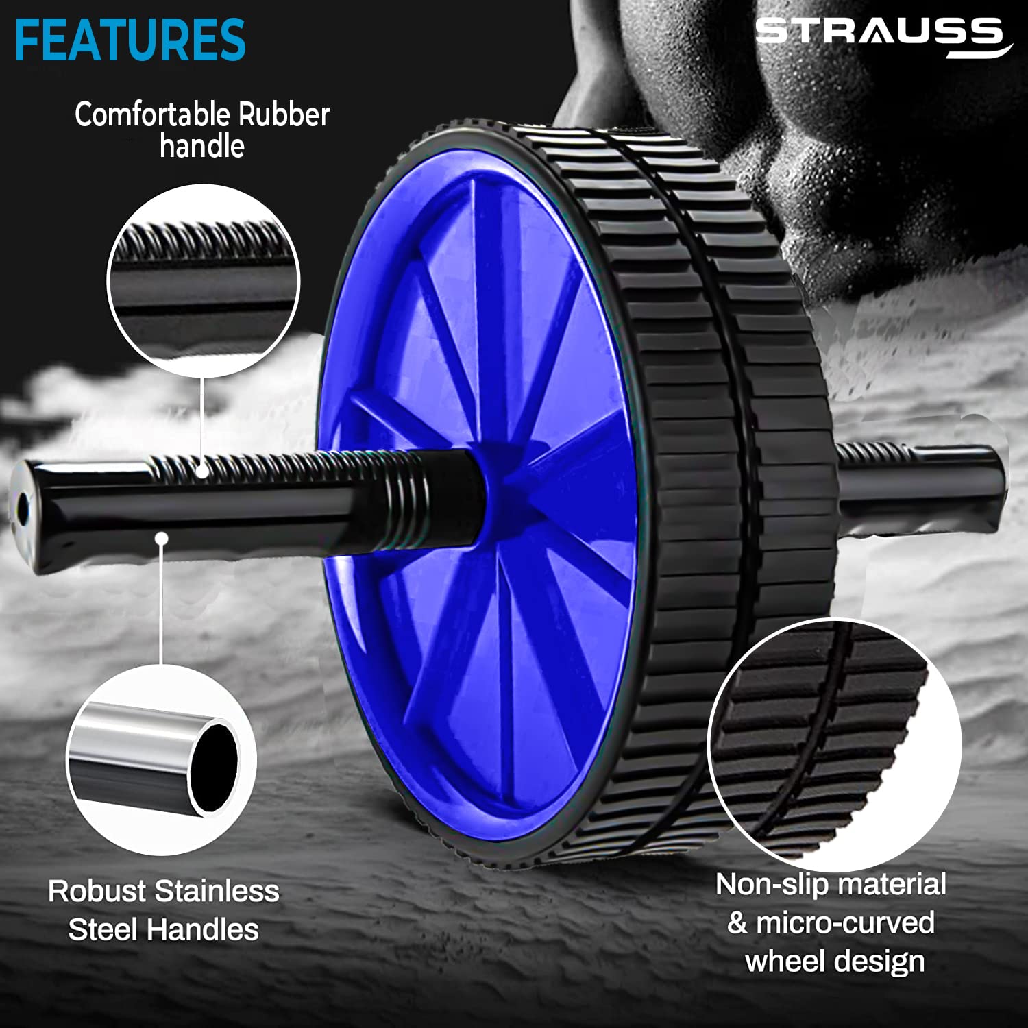 Strauss Premium Exercise wheel Ab Roller with PVC Handles, (Blue)