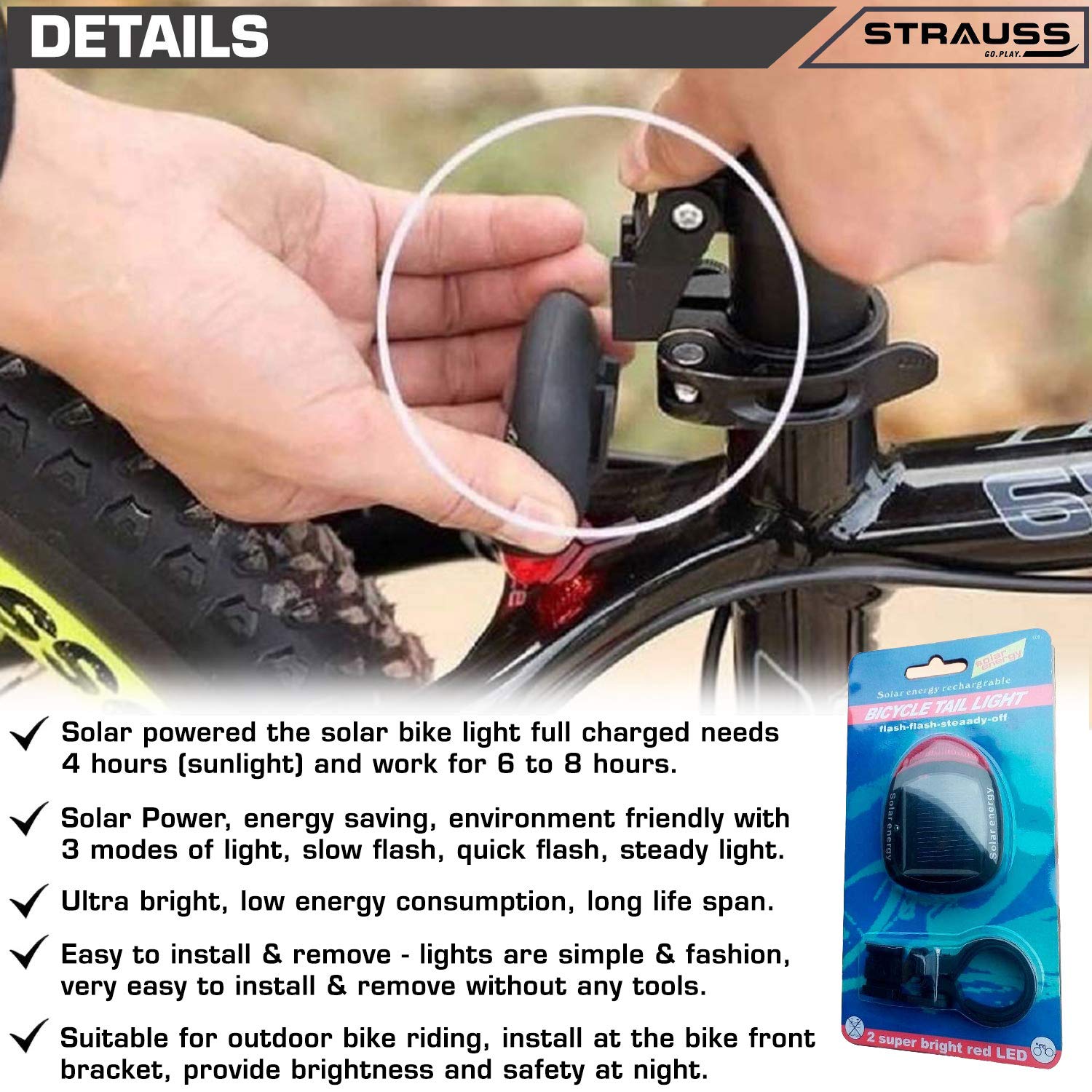Strauss Bicycle Solar Tail Light | Waterproof, Rechargeable | Fast Charging & No Battery Needed | 3 Light Modes (Slow, Quick and Steady)