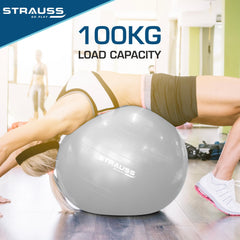 STRAUSS Anti-Burst Rubber Gym Ball with Free Foot Pump | Round Shape Swiss Ball for Exercise, Workout, Yoga, Pregnancy, Birthing, Balance & Stability, 75 cm, (Grey)