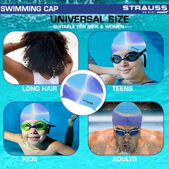 Strauss Latest Designed Swimming Cap | Keeps Hair Clean with Ear Protector | Suitable for Long and Short Hair | Swimming Head Cap with Breathable Fabric | Swim Cap for Adult,(Multicolor Blue)