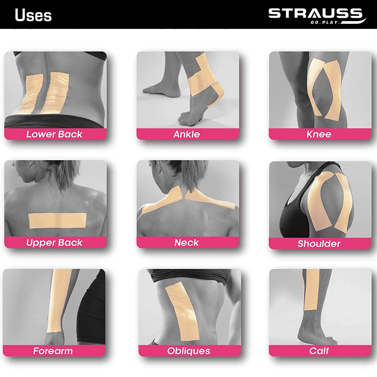 Strauss Kinesiology Sports Tape Knee, Calf & Thigh Support (Camo Pink)