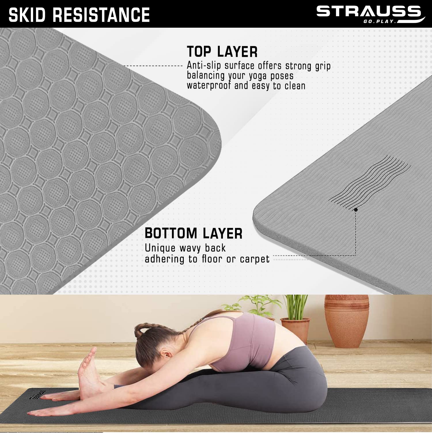 Strauss Anti Skid TPE Yoga Mat with Carry Strap, 6mm, (Grey)