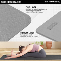 Strauss TPE Yoga Mat | Exercise Mat For Home Workout, Gym and Yoga Sessions | Anti Slip Gym Mat | Workout Mat For Men, Women and Kids | Yoga Mat With Carry Strap | Thickness: 8MM,(Grey)