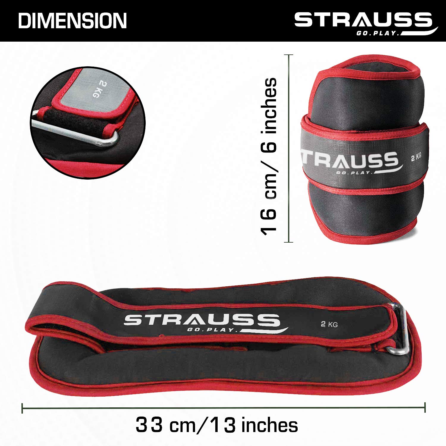 Strauss Round Shape Adjustable Ankle Weight/Wrist Weights 2 KG X 2 | Ideal for Walking, Running, Jogging, Cycling, Gym, Workout & Strength Training | Easy to Use on Ankle, Wrist, Leg, (Red)