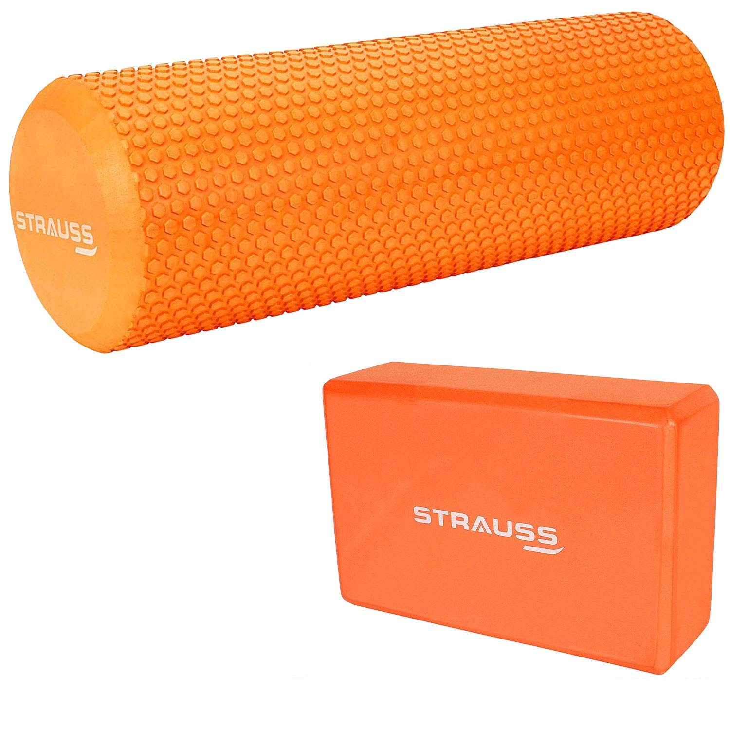 Strauss Foam Roller (Orange), 30 cm and Yoga Block (Orange)