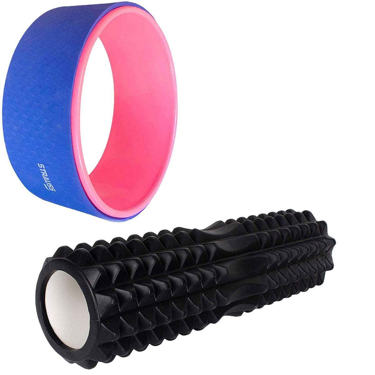 Strauss ST-1441 Grid Foam Roller (Black), 33 cm and Yoga Wheel (Blue)