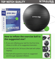 STRAUSS Anti-Burst Rubber Gym Ball with Free Foot Pump | Round Shape Swiss Ball for Exercise, Workout, Yoga, Pregnancy, Birthing, Balance & Stability, 65 cm, (Black)