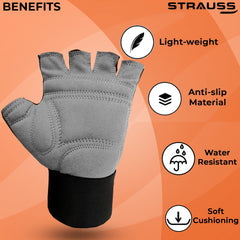 Strauss Suede Gym Gloves for Weightlifting, Training, Cycling, Exercise & Gym | Half Finger Design, 8mm Foam Cushioning, Anti-Slip & Breathable Lycra Material, (Grey/Black), (Extra Large)