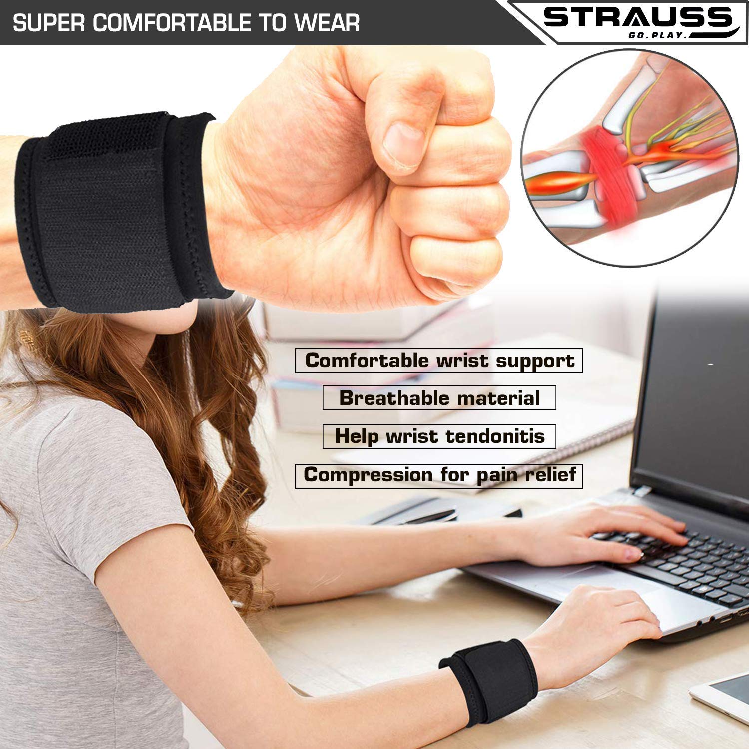 Strauss Wrist Support Pair (Free Size, Black) with Knee Support Patella