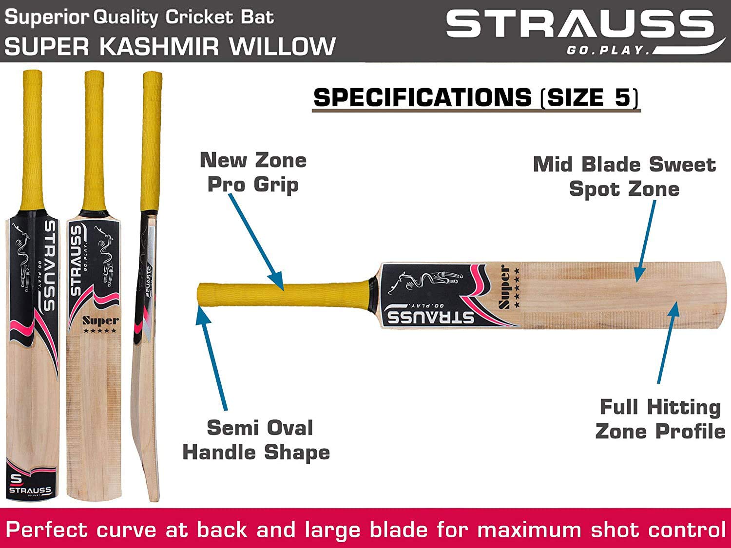 Strauss Cricket Bat | Edition: Stroke | Kashmir Willow | Size: 5 | Tennis & Synthetic Ball Cricket Bat | Tennis Cricket Bat