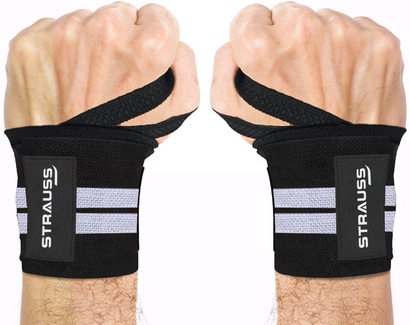 STRAUSS WL Cotton Wrist Supporter with Thumb Loop Straps & Closures for Gym, Workouts & Strength Training| Adjustable & Breathable with Powerful Velcro & Soft Material,(Black/White)