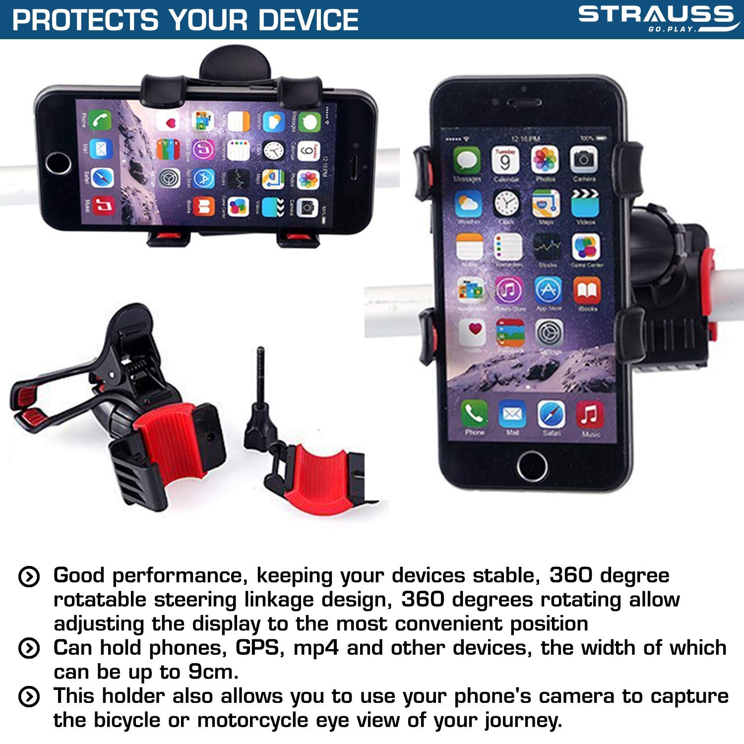 Strauss Cycle Mobile Phone Holder with Mount Bracket (Black) and Bicycle Zoom LED Torch with Mount Holder