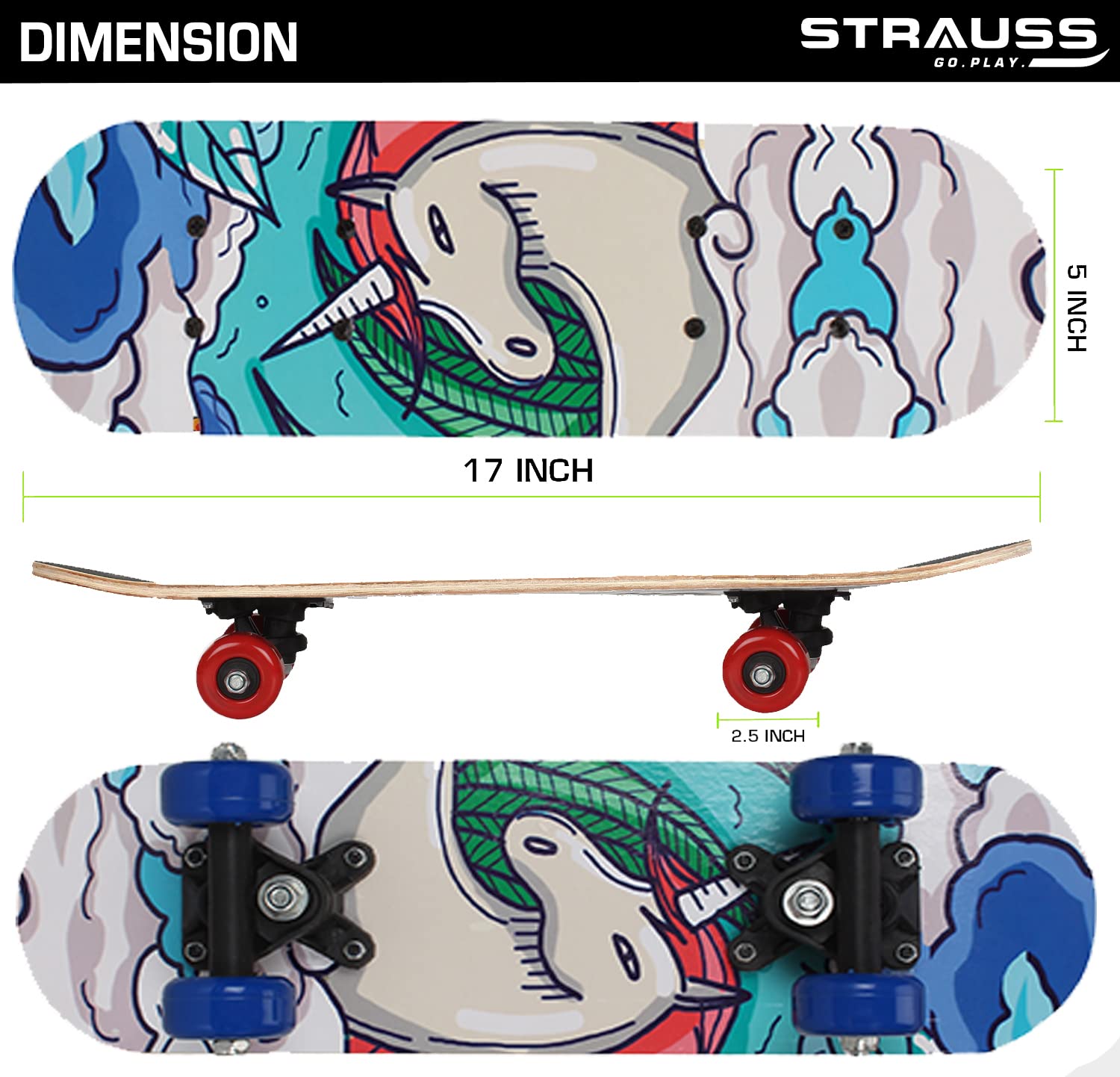 Strauss White Horse Kids Skateboard, Age 3-5 Years, (17" x 5")