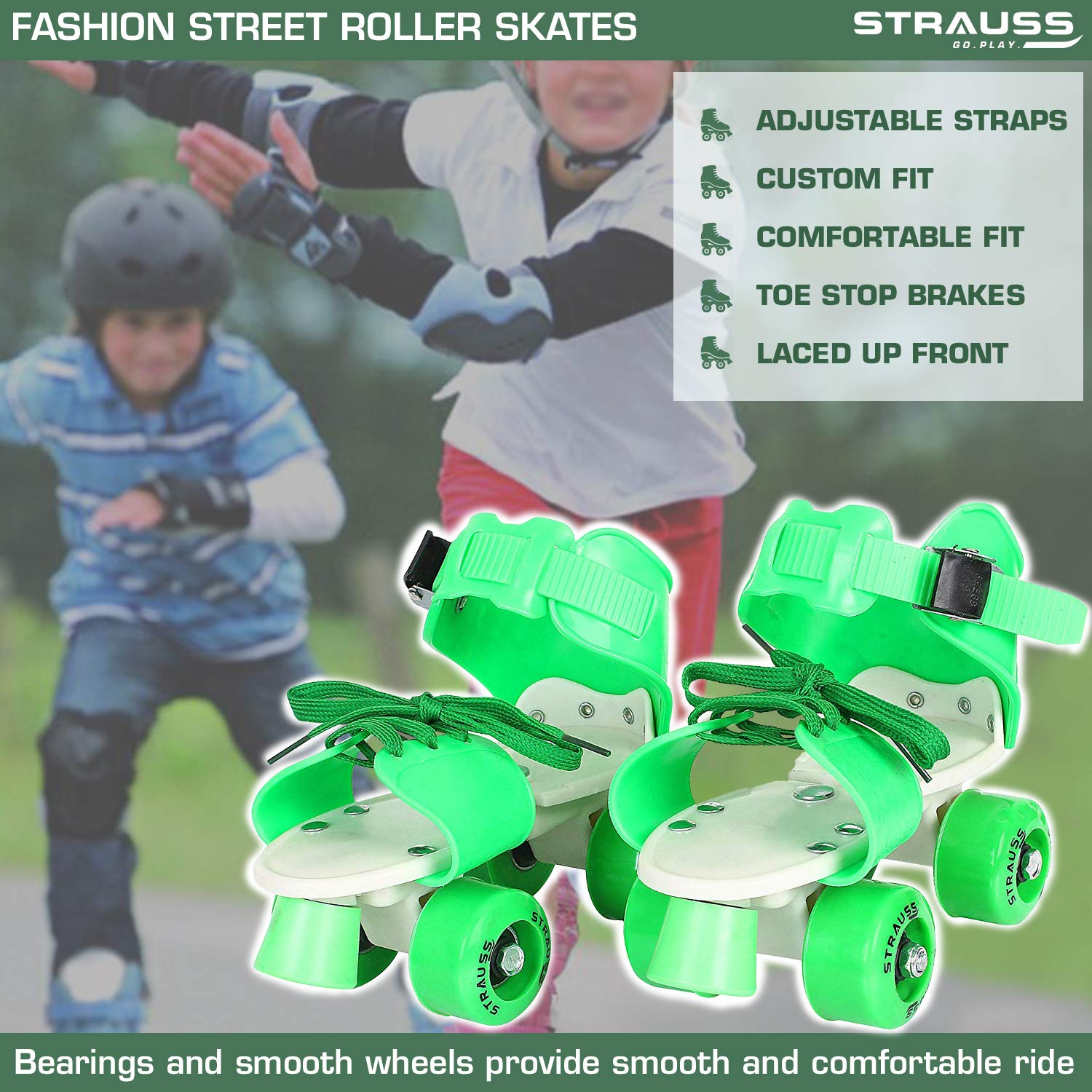 Strauss Kids Roller Skates, 5-11 Years, (Green)