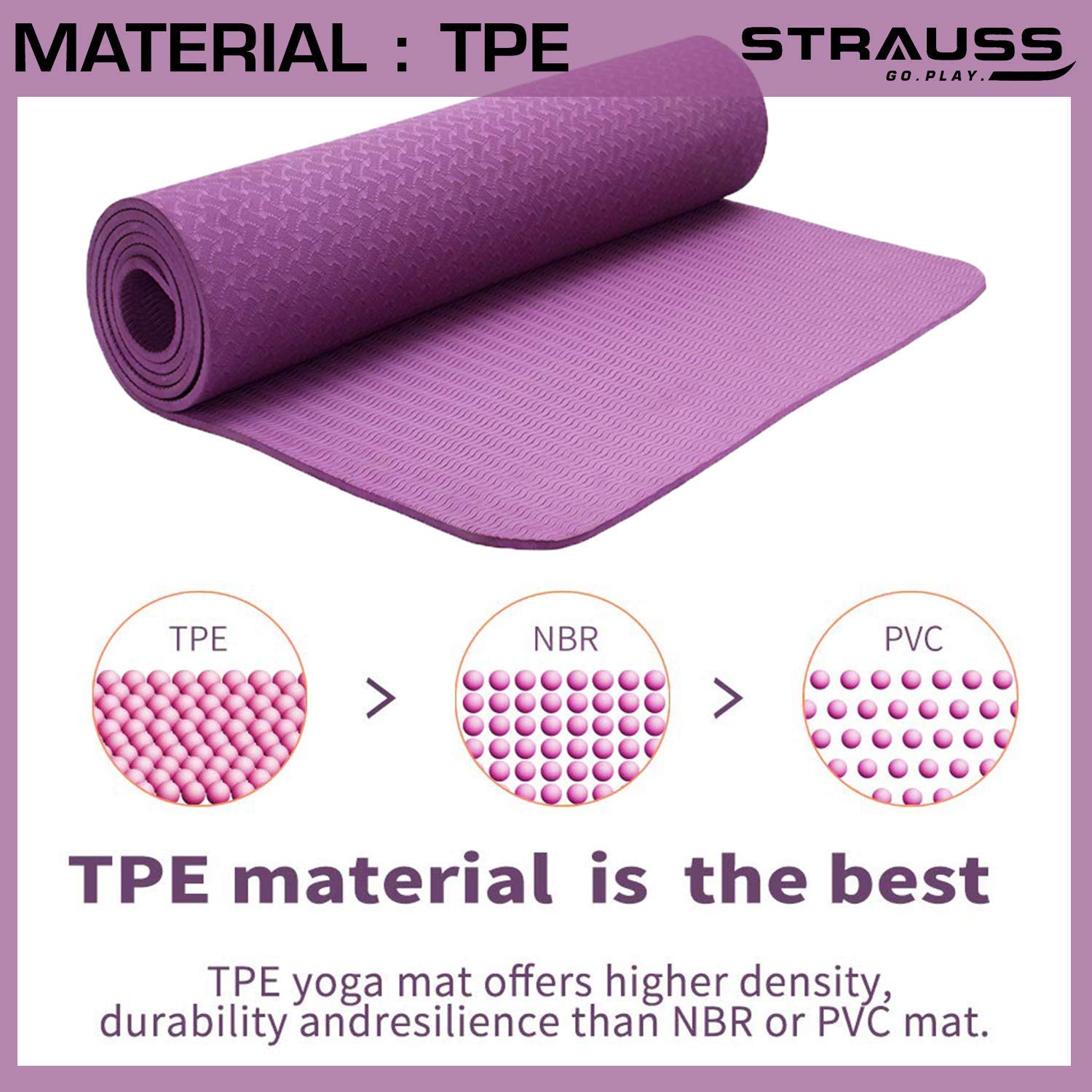 Strauss TPE Eco-Friendly Yoga Mat 6mm (Purple), Yoga Block (Purple) Pair, Anti-Slip Yoga Towel (Blue) and Yoga Belt (Blue)