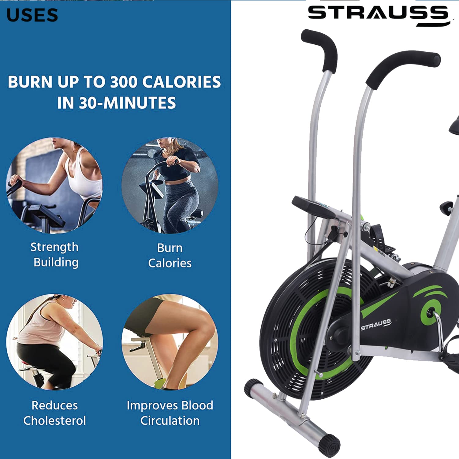 Strauss StayFit-(BSTH) Exercise Bike with Back Support,Twister & Handles, Blue