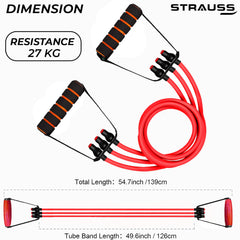Strauss Triple Resistance Tube with Foam Handles, Door Knob & Carry Bag, 27 Kg, (Red)