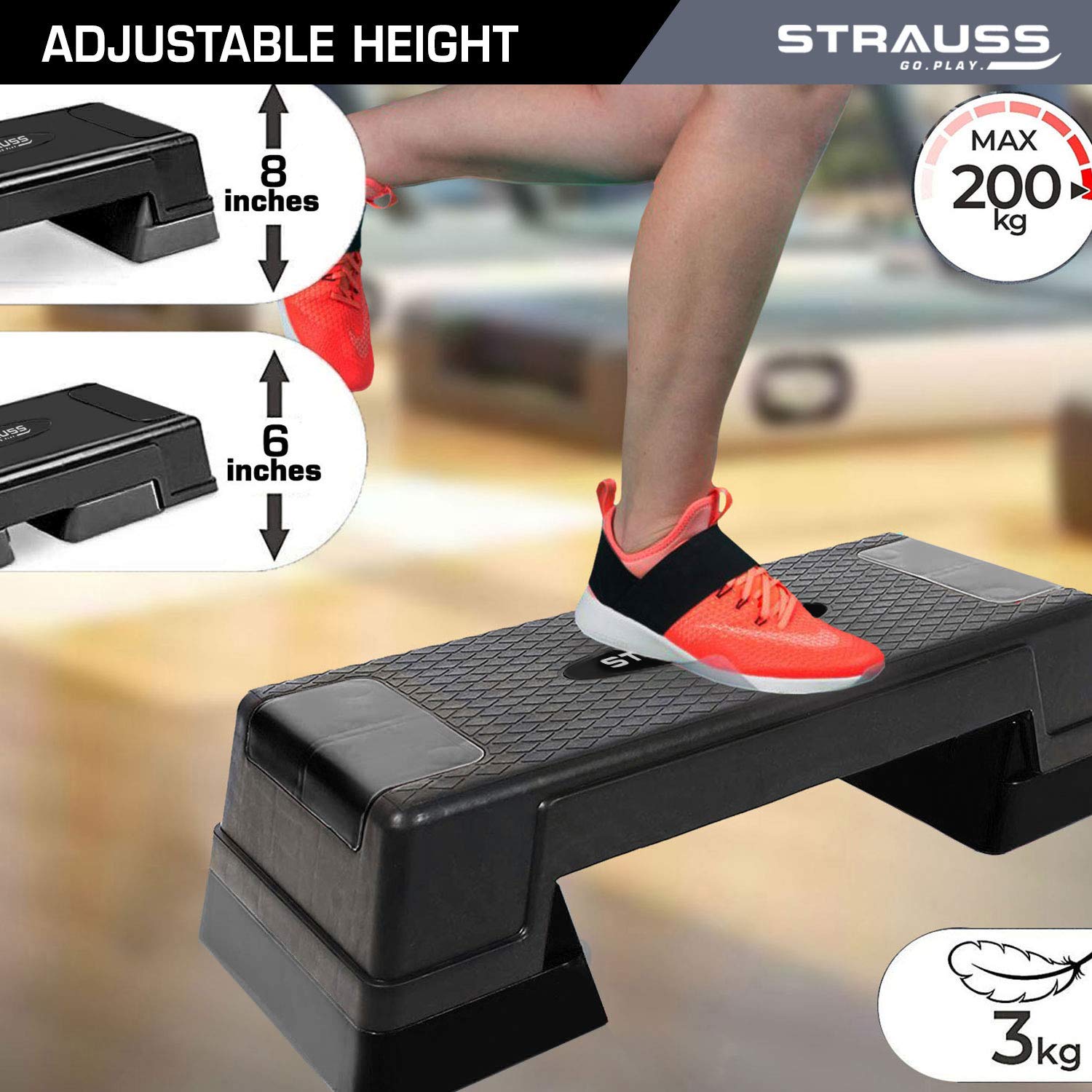 Strauss High Rise Aerobic Stepper | Two Height Level Adjustments - 6 inches and 8 inches | Slip-Resistant & Shock Absorbing Platform for Extra-Durability - Supports Upto 200 KG, (Black)
