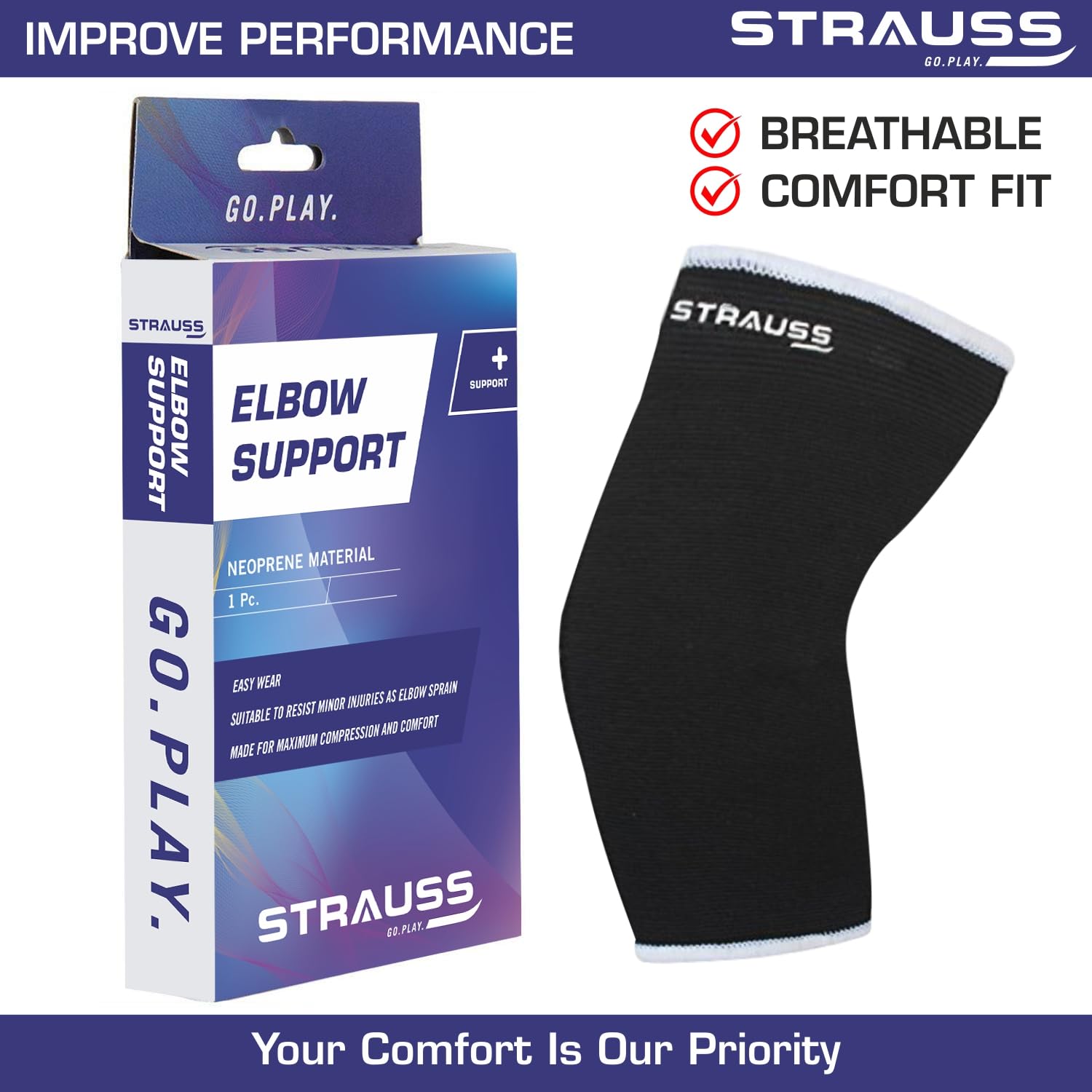 Strauss Elbow Support, Free Size and Adjustable Knee Support, Free Size (Black)