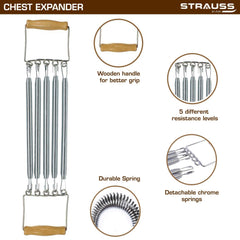 Strauss Chest Expander with 5 Springs | Adjustable Steel Springs with Steel Chrome Plating for Increased Resistance | Multi-Function, Lightweight, Portable & Compact