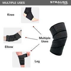 STRAUSS Elastic Knee Compression Bandage Wraps | Support for Ankle, Knee, Elbow Pain Relief, Sports & Workout | Can Be Used For Squats and Powerlifting | Pack of 2,(Black)