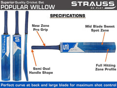 Strauss PW-200 Popular Willow Cricket Bat Without Ball, (Grains Tape), Dark Blue