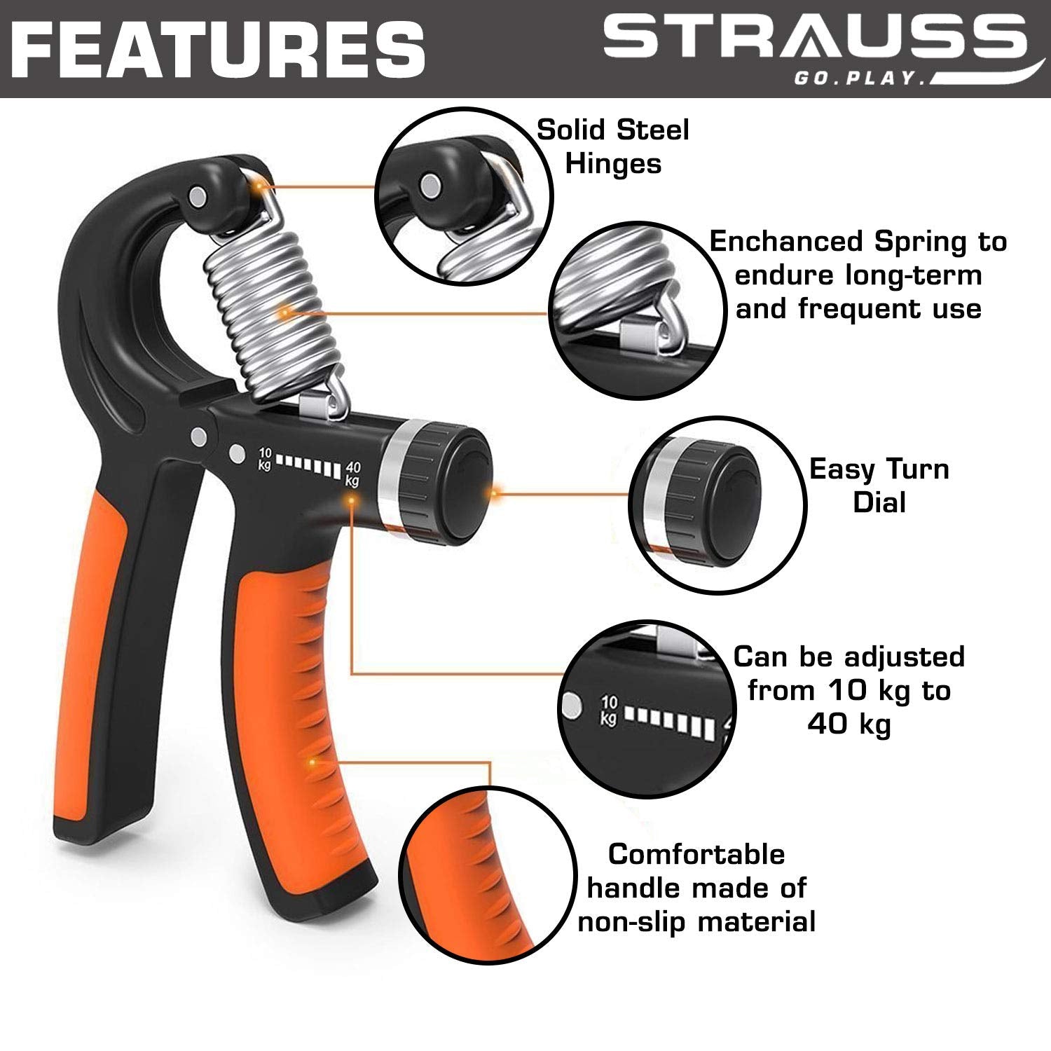 Strauss Adjustable Hand Grip Strengthener, (Black/Orange) with Skipping Rope