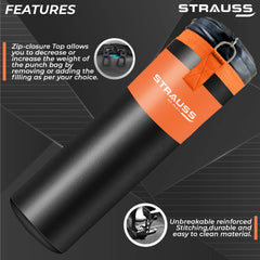 Strauss Heavy Duty PVD Leather Filled Gym Punching Bag | Comes with Hanging S Hook, Zippered Top Head Closure & Heavy Straps | 4 Feet, (Black/Orange)