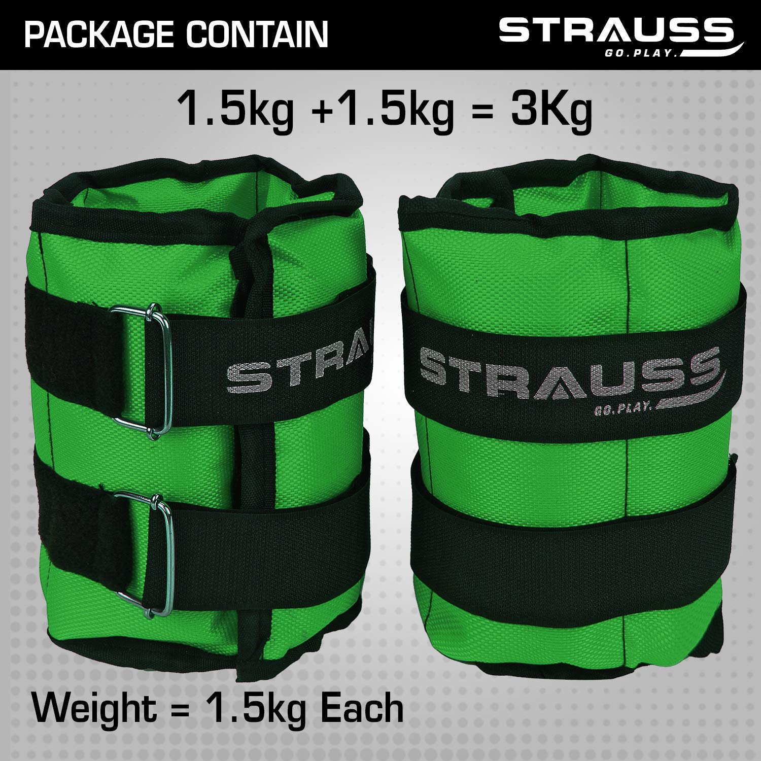 Strauss Adjustable Ankle/Wrist Weights 1.5 KG X 2 | Ideal for Walking, Running, Jogging, Cycling, Gym, Workout & Strength Training | Easy to Use on Ankle, Wrist, Leg, (Green)