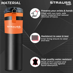Strauss Heavy Duty PVD Leather Filled Gym Punching Bag | Comes with Hanging S Hook, Zippered Top Head Closure & Heavy Straps | 4 Feet, (Black/Orange)