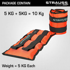 Strauss Adjustable Ankle/Wrist Weights 5 KG X 2 | Ideal for Walking, Running, Jogging, Cycling, Gym, Workout & Strength Training | Easy to Use on Ankle, Wrist, Leg, (Orange)