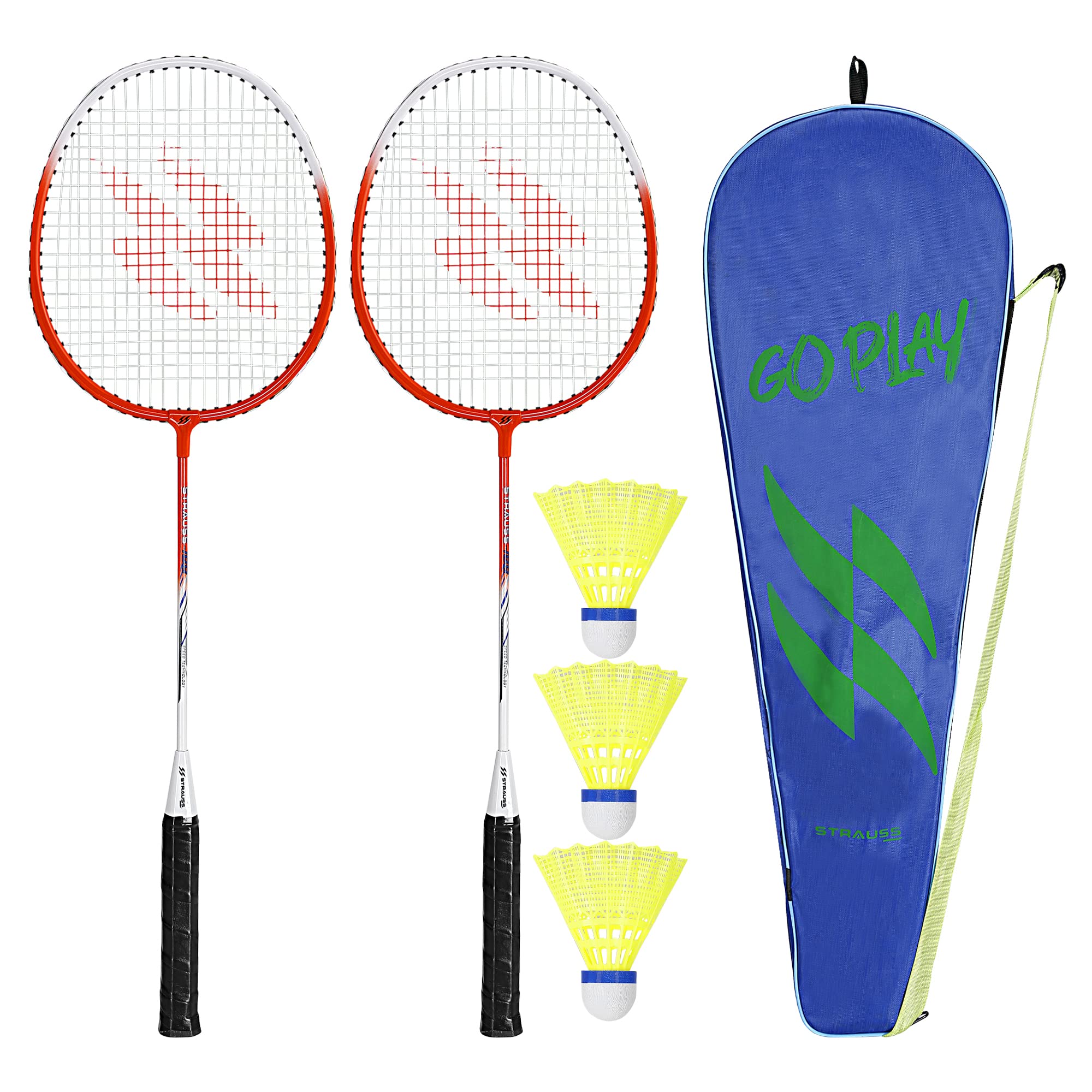 Strauss Aluminium Badminton Racket with 3 Pieces Nylon Shuttles with Full-Cover Set, (Multicolor)