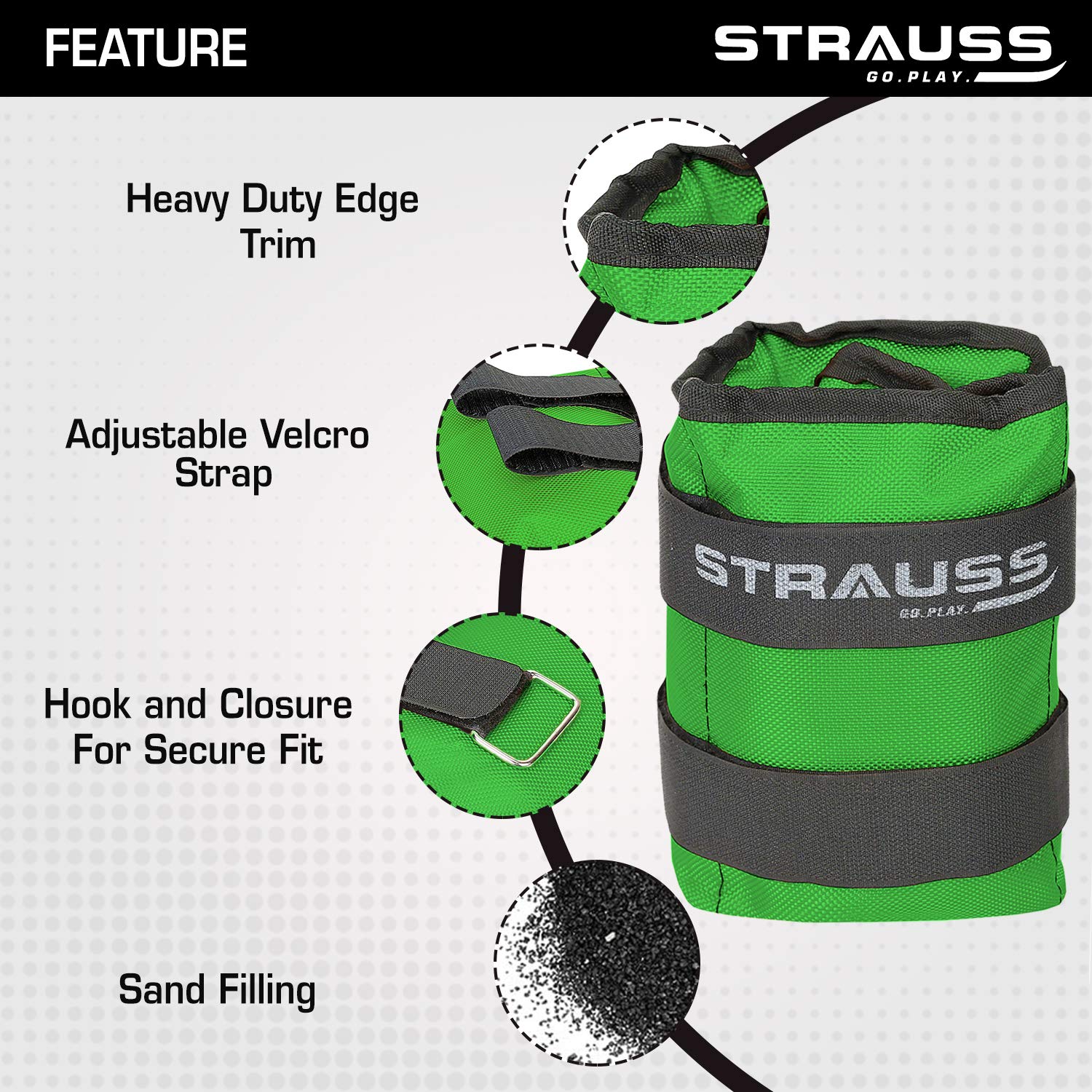 Strauss Adjustable Ankle/Wrist Weights 2.5 KG X 2 | Ideal for Walking, Running, Jogging, Cycling, Gym, Workout & Strength Training | Easy to Use on Ankle, Wrist, Leg, (Green)