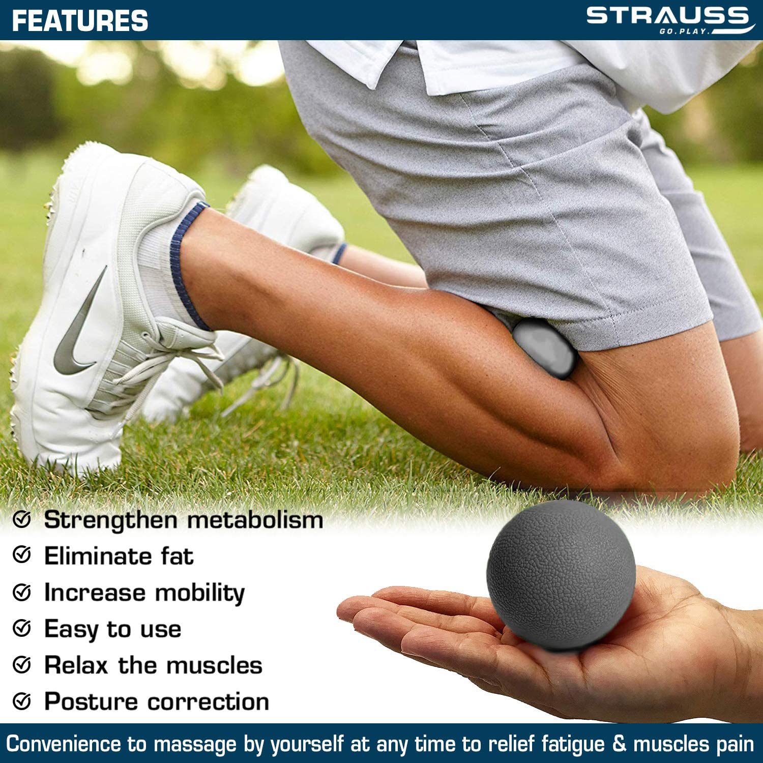 Strauss Yoga & Lacrosse Massage Ball | Ideal for Physiotherapy, Deep Tissue Massage, Trigger Point Therapy, Muscle Knots | High-Density Roller & Acupressure Ball for Myofascial Release & Pain Relief, (Black)