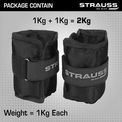 Strauss Adjustable Ankle/Wrist Weights 1 KG X 2 | Ideal for Walking, Running, Jogging, Cycling, Gym, Workout & Strength Training | Easy to Use on Ankle, Wrist, Leg, (Black)