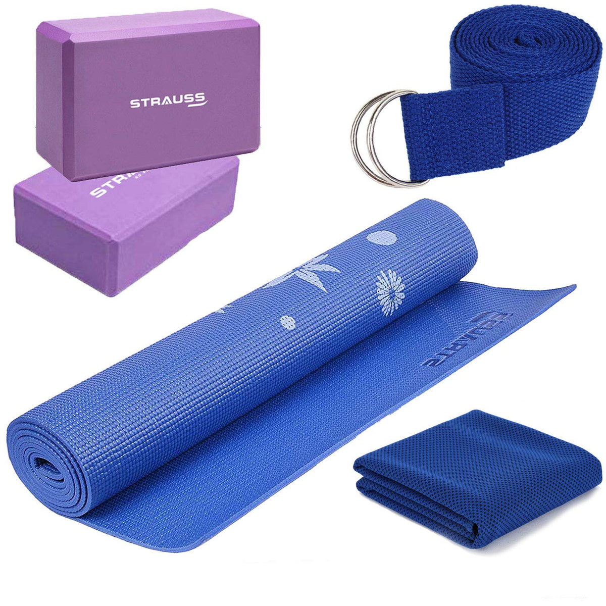 Strauss Yoga Mat 6MM,(Floral Blue), Yoga Block (Purple), Pair, Anti-Microbial Sports Cooling Towel(Blue) and Yoga Belt, 8 Feet, (Blue)