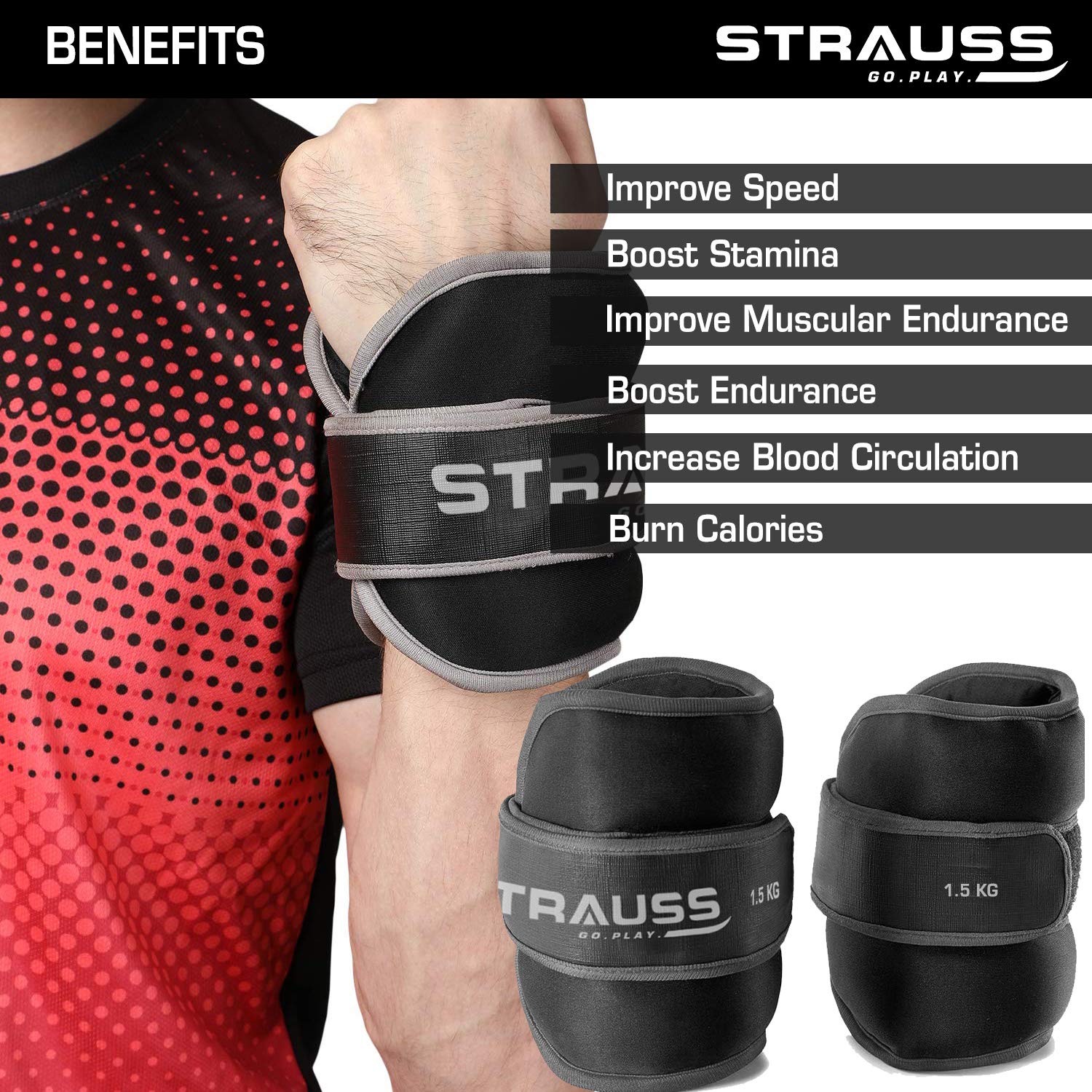 Strauss Round Shape Ankle Weight, 1.5 Kg (Each), Pair, (Black)